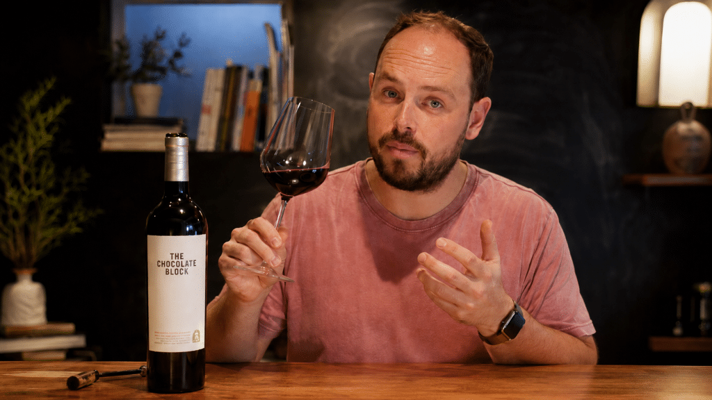 Jonny reviewing The Chocolate Block South African red wine